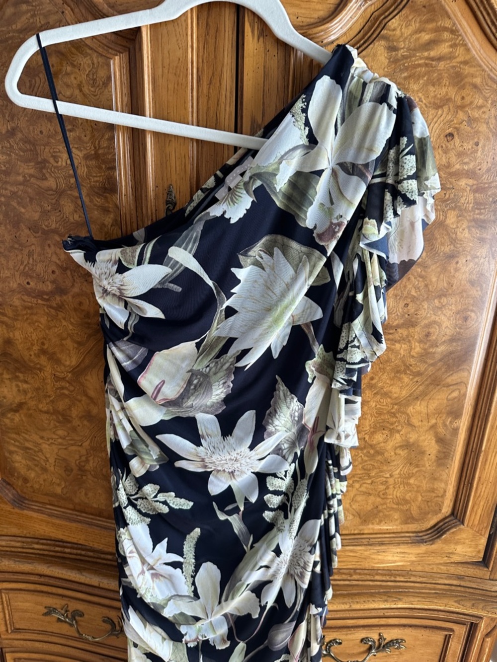 Chelsea28 Black One-Shoulder Dress with Cream and Olive Floral Print